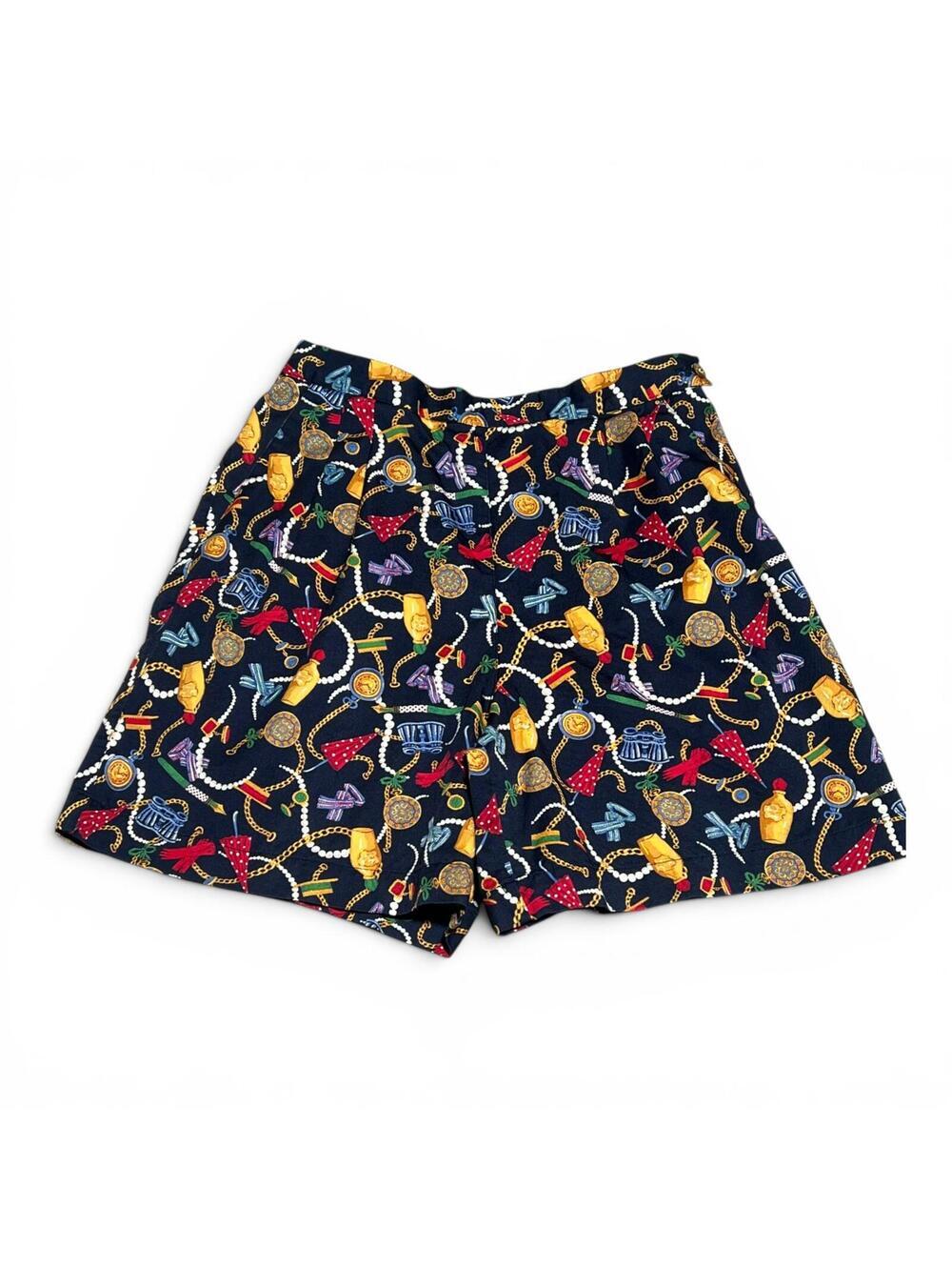 Vintage LizSport Navy Blue Patterned Shorts with Fashion Accessories Print